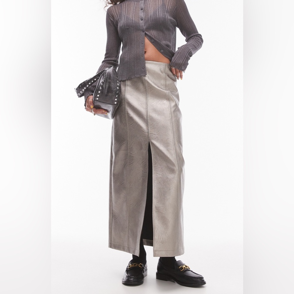 Topshop Metallic Gunmetal Faux Leather Maxi Skirt Size 6 $80